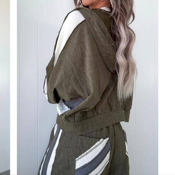 POL Colorblock Olive White Blue Stripes 100% Cotton Zippered Hoodie - Picture 8 of 13